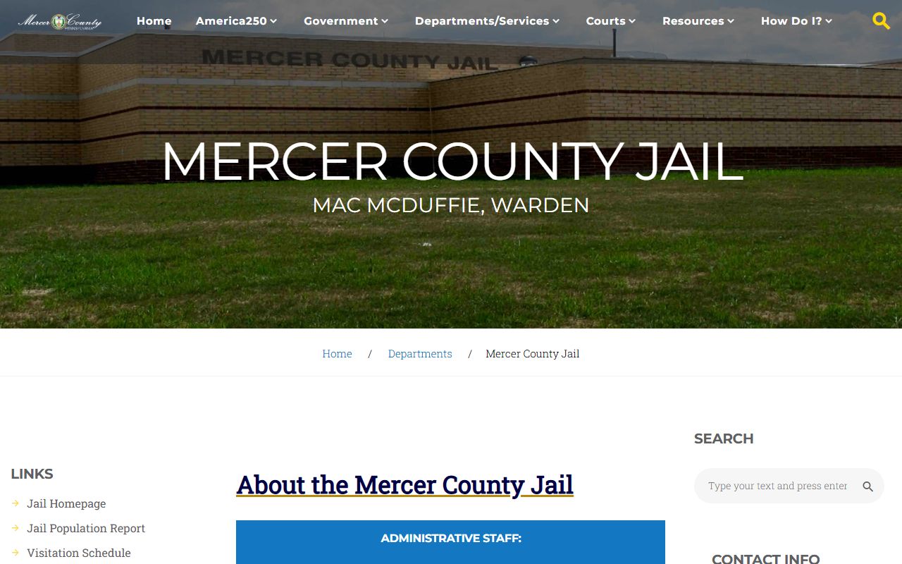 Mercer County Jail facility page for inmate population and jail records
